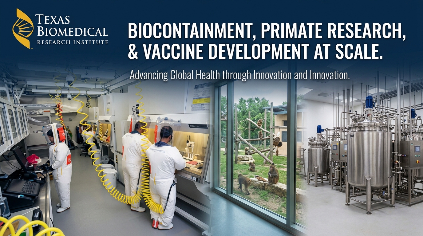 Texas Biomed's biocontainment laboratories and primate research center support therapeutics and vaccine research at scale.