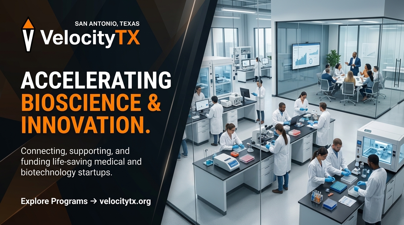 VelocityTX is a bioscience research campus and innovation hub in San Antonio, Texas. We connect, support, and fund early-stage bioscience startups, researchers, and innovators to accelerate life-saving medical technologies.